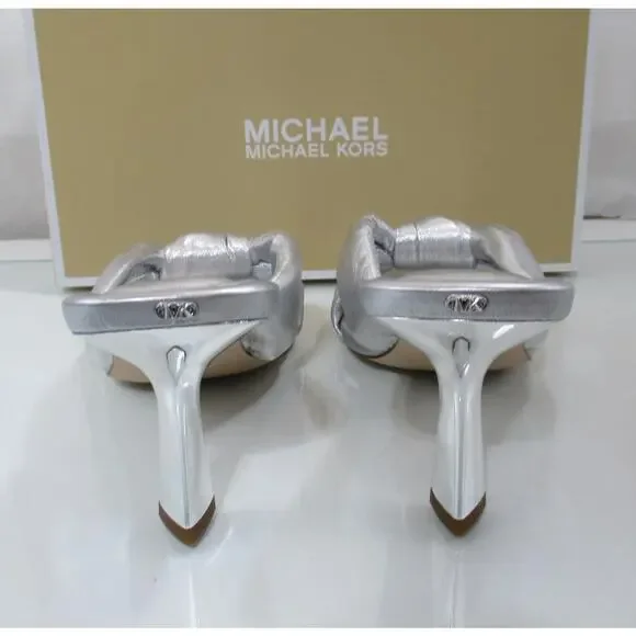 Michael Kors Elena Heeled Slide Sandal Knotted Strap Leather Silver